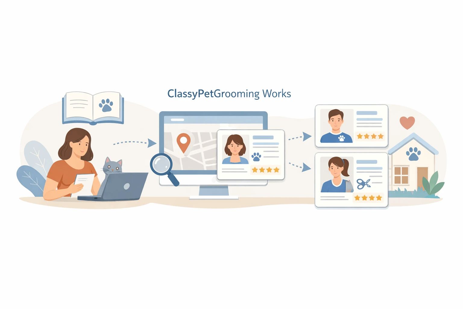 Illustration of ClassyPet platform connecting cat owners and groomers