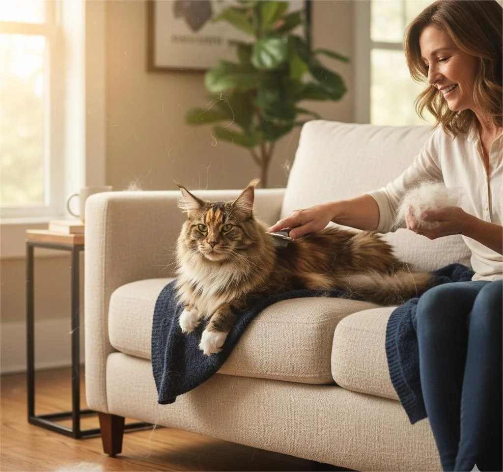 Calm cat being groomed